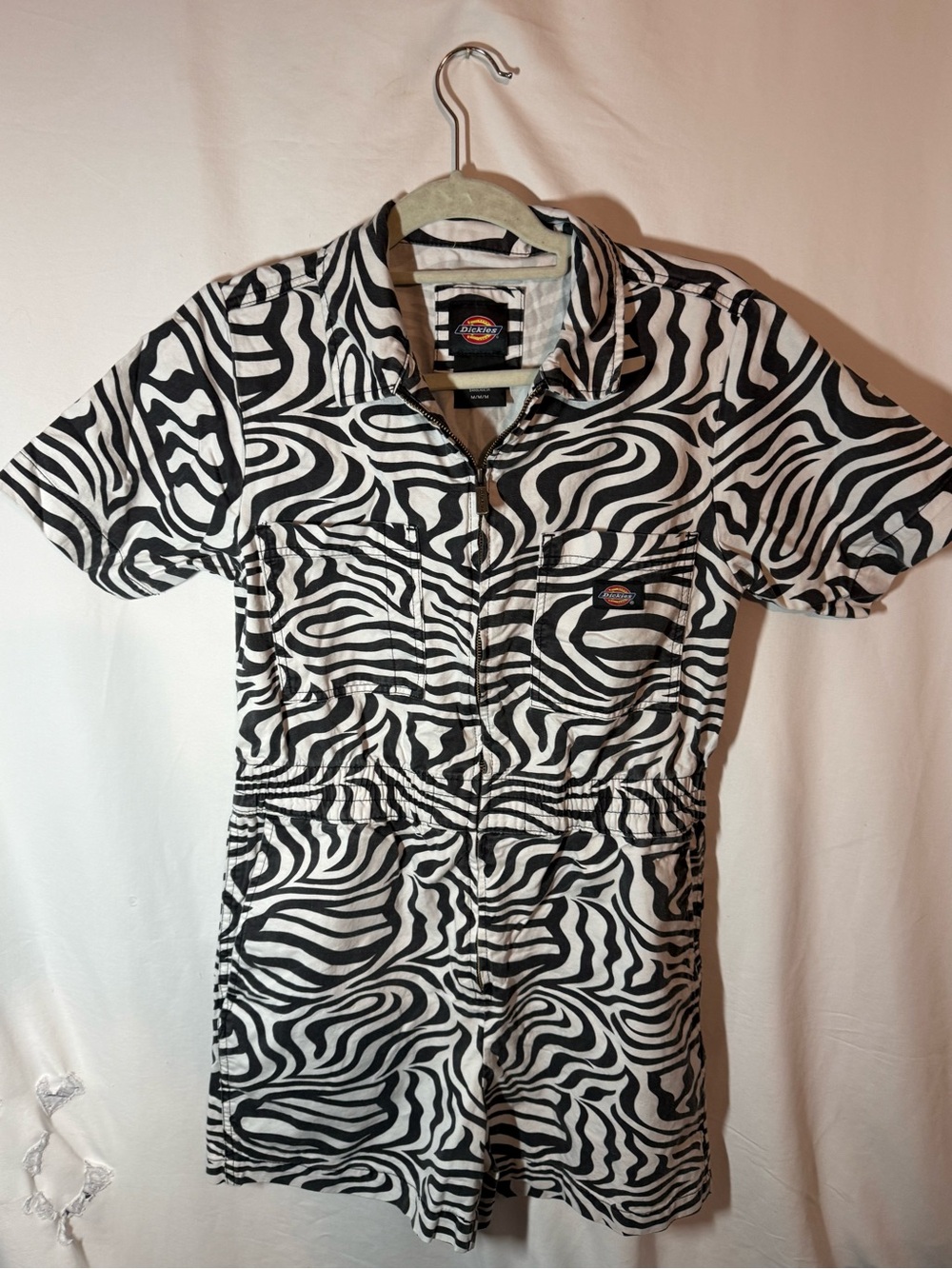 Dickies Womens M Zebra Print Utility Romper Coverall Black White 100% Cotton